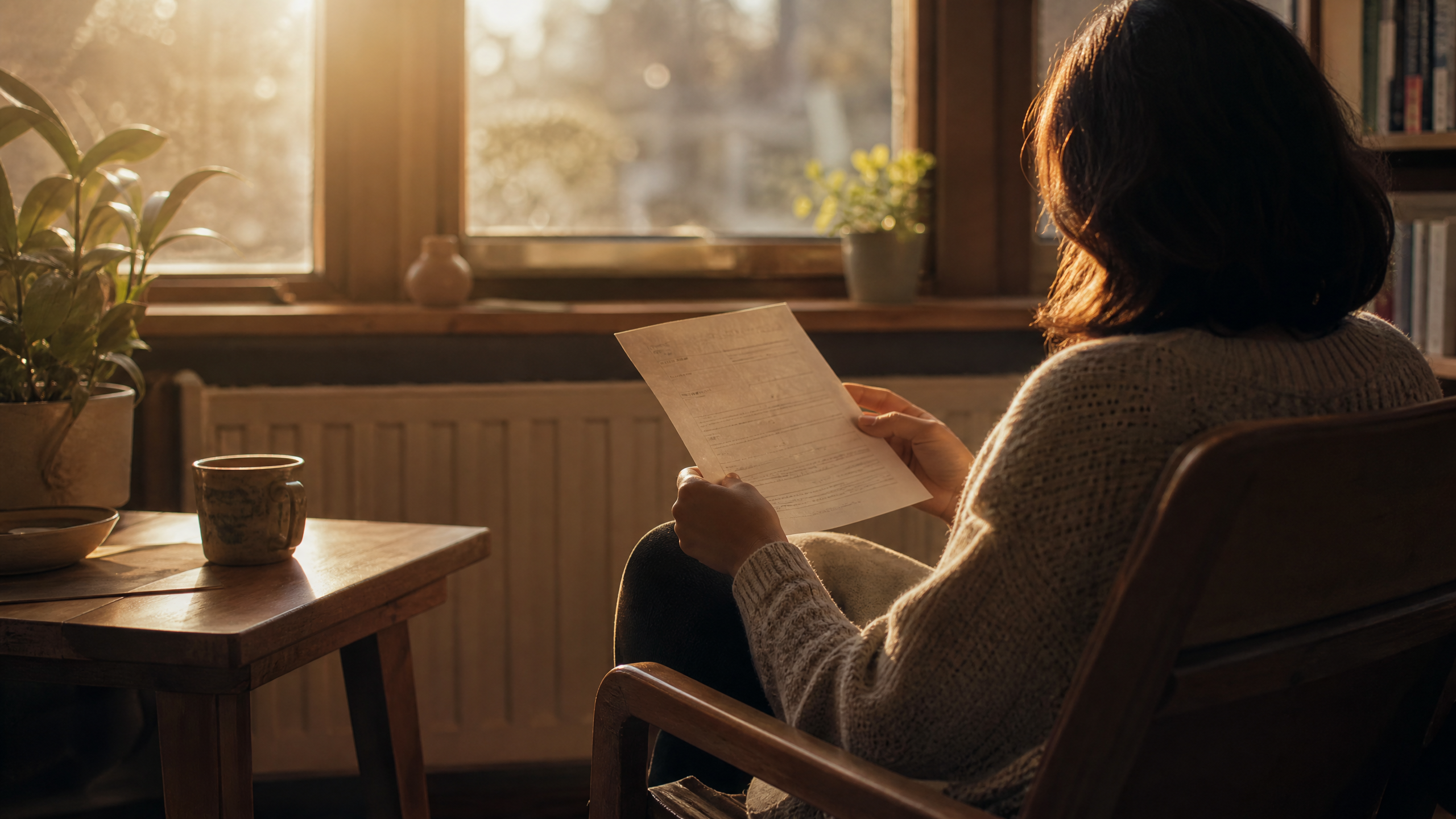 Parent reading an important document by a warm window