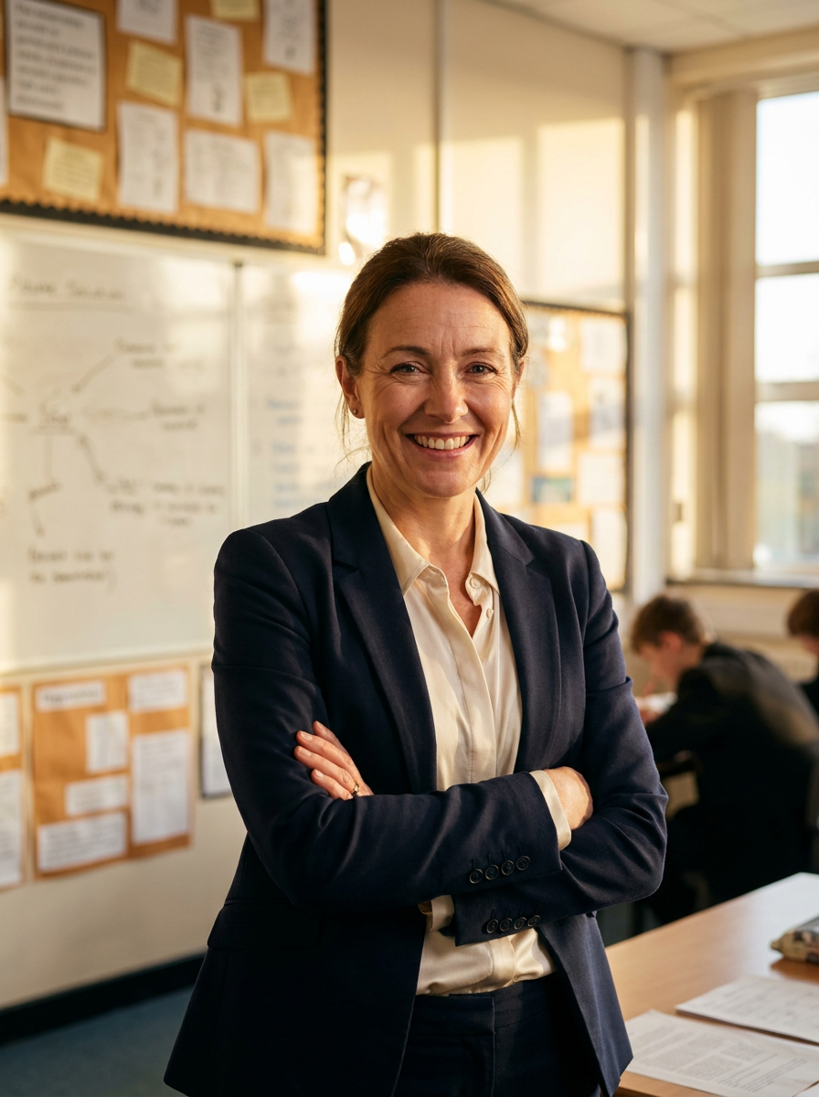 Confident UK secondary school teacher in her classroom